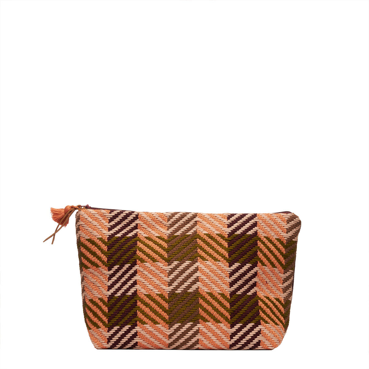 Hand woven artisan Cristina Cosmetic Pouch in Moss Weave pattern. The pouch has an orange and olive green plaid. It has a peach tassel and a leather zipper pull.