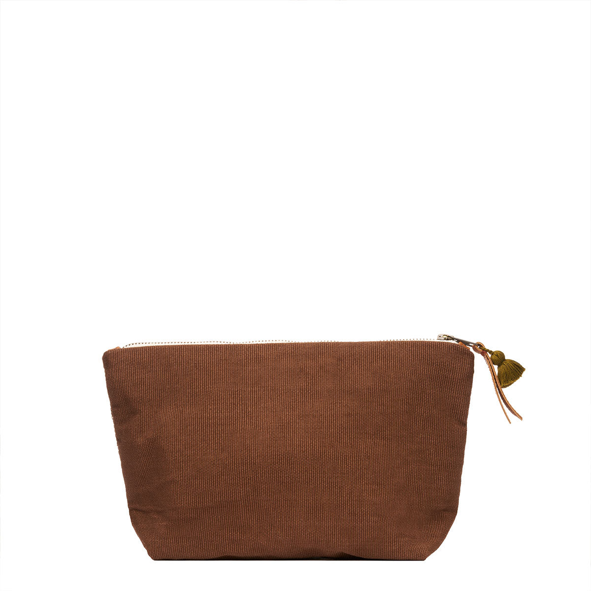 Back of the Cristina Cosmetic Pouch in Forest pattern. It has a solid brown color. It has a leather zipper pull and an olive green mini tassel.