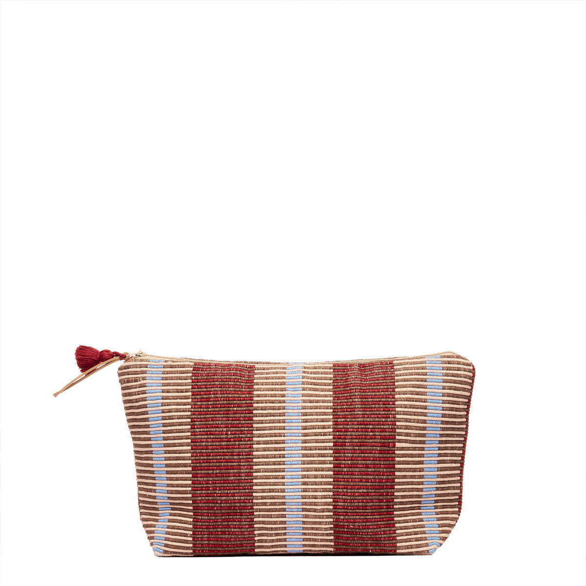 Front of the hand woven artisan Cristina Cosmetic Pouch in Chestnut pattern. The chestnut pattern has thick vertical burgundy and tan stripes. It has a leather zipper pull and a red mini tassel.