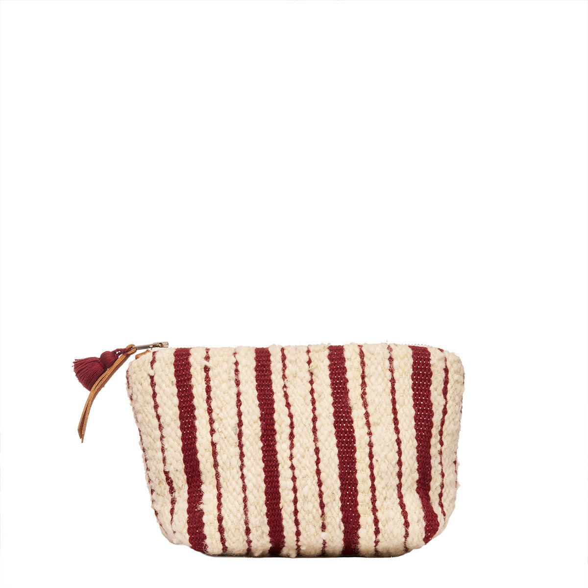 Back of the hand woven artisan Cristina Cosmetic Pouch in Cherry Red. The back has vertical red and beige stripes. It has a leather zipper pull and a red mini tassel.