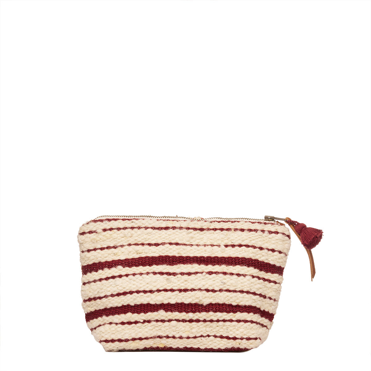 Front of the artisan hand woven Cristina Cosmetic Pouch in Cherry Red. The Cherry Red pattern has horizontal dark red and beige stripes in various widths. It has a mini red tassel attached to a leather zipper pull.