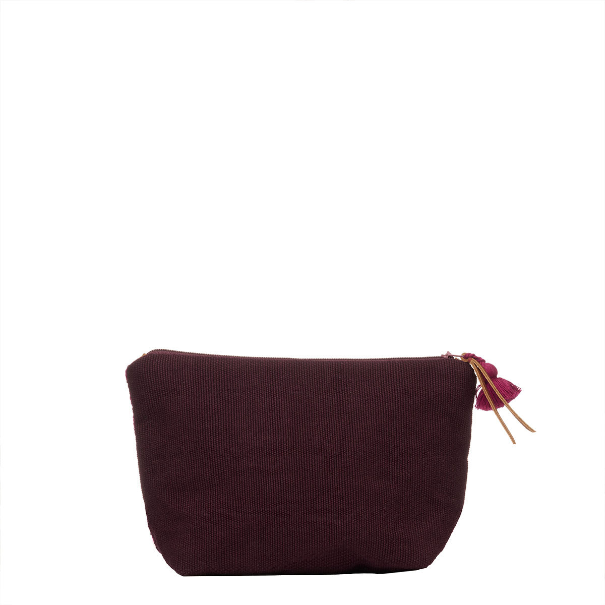 Back of the Mini Cristina Cosmetic Pouch in Winter Berry. The back has a solid dark brown color.