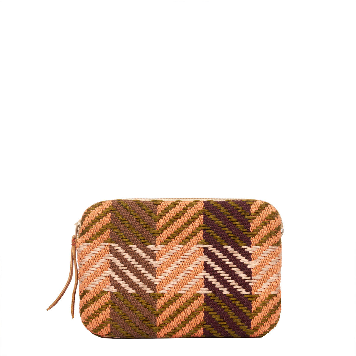 Front of the artisan hand woven Teresa Wallet in Moss Weave. The Moss Weave has an orange and olive green plaid pattern. It has a leather zipper pull.