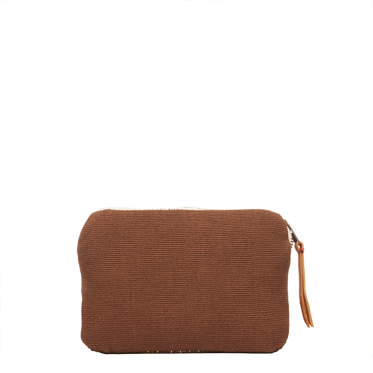 The back of the Teresa Wallet in Forest. The back has a solid brown color. It has a leather zipper pull to the right side.