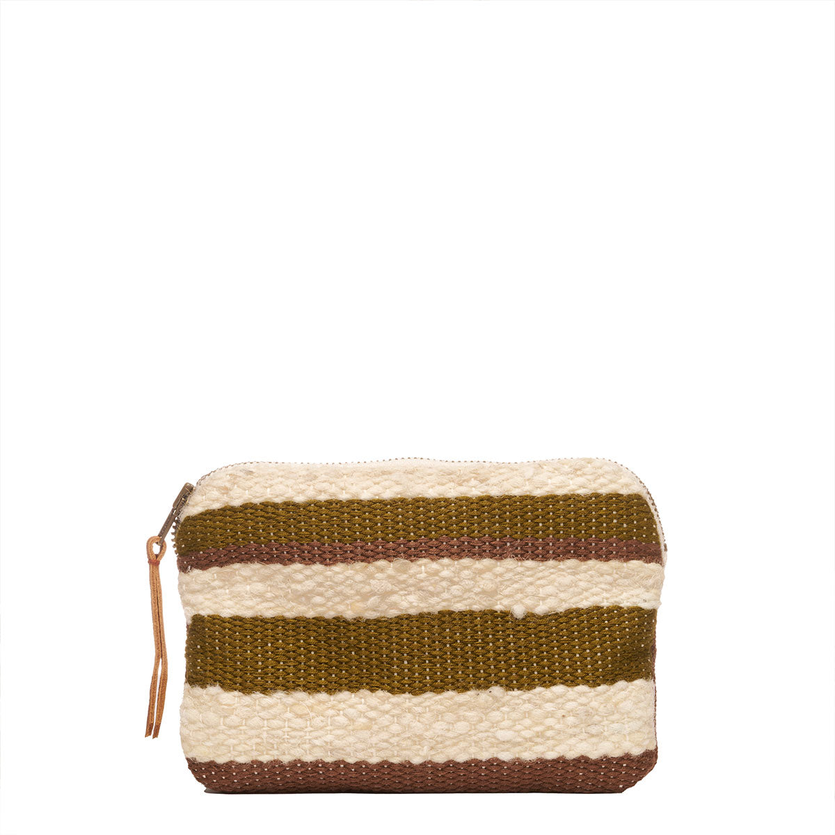 Front of the Teresa Wallet in Forest pattern. The front has horizontal olive green and beige stripes.