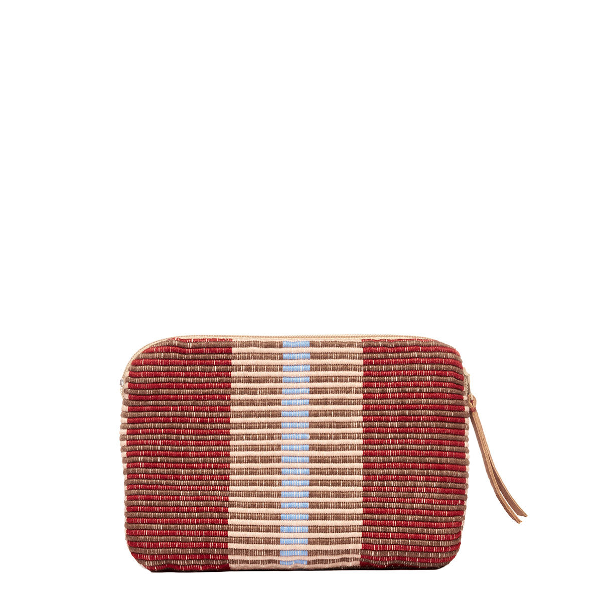 Front of the hand woven artisan Teresa Wallet in Chestnut. The Chestnut pattern has burgundy and tan vertical stripes. It has a leather zipper pull.