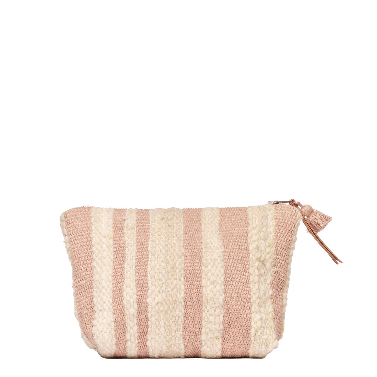 Back of the artisan hand woven Mini Cristina Cosmetic Pouch in Snow. The back has vertical pale pink and beige stripes. It has a leather zipper pull and a mini tassel in pale pink.