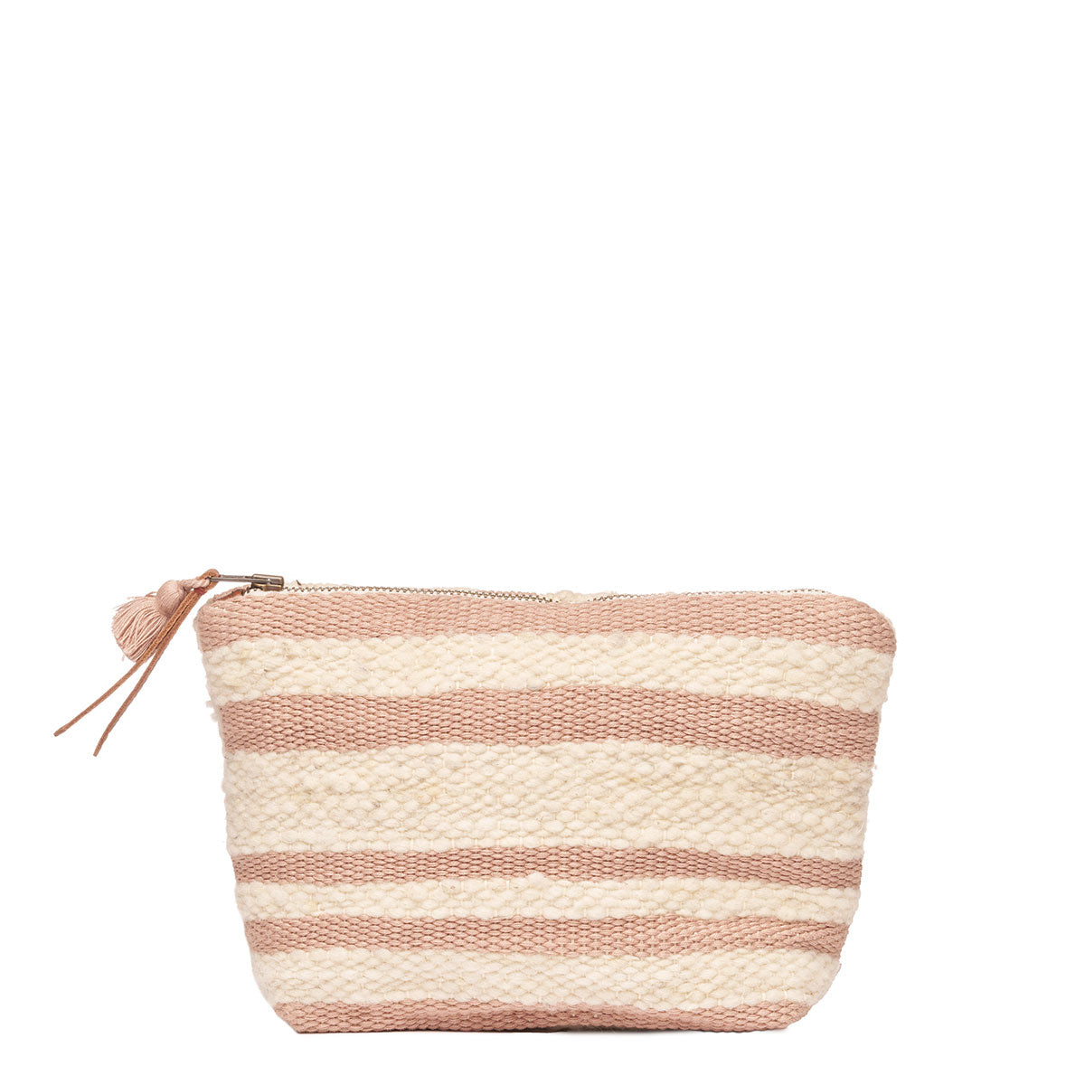 Front of the artisan hand woven Mini Cristina Cosmetic Pouch in Snow pattern. The Snow pattern has horizontal pale pink and beige stripes. It has a leather zipper pull and a pale pink tassel.