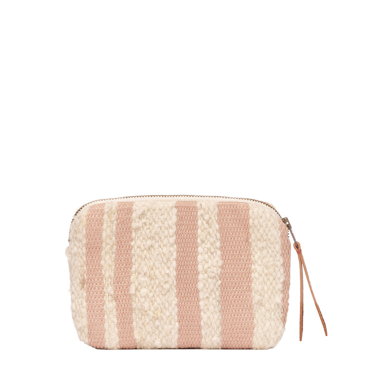 Back of the Teresa Wallet in Snow pattern. The back has vertical pale pink and beige stripes.