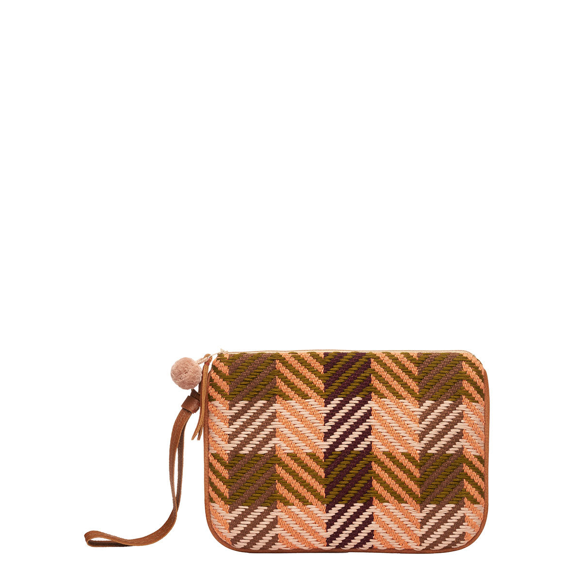 The front of the hand woven artisan Mini Lily Wristlet in Moss Weave pattern. The Moss Weave has an olive green and orange plaid pattern. It has a leather handle and a pale pink pompom.