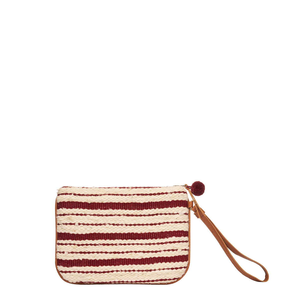 Back of the hand woven artisan Mini Lily Wristlet in Cherry Red. The back has horizontal red and beige stripes, a red pompom, and a leather hand strap..