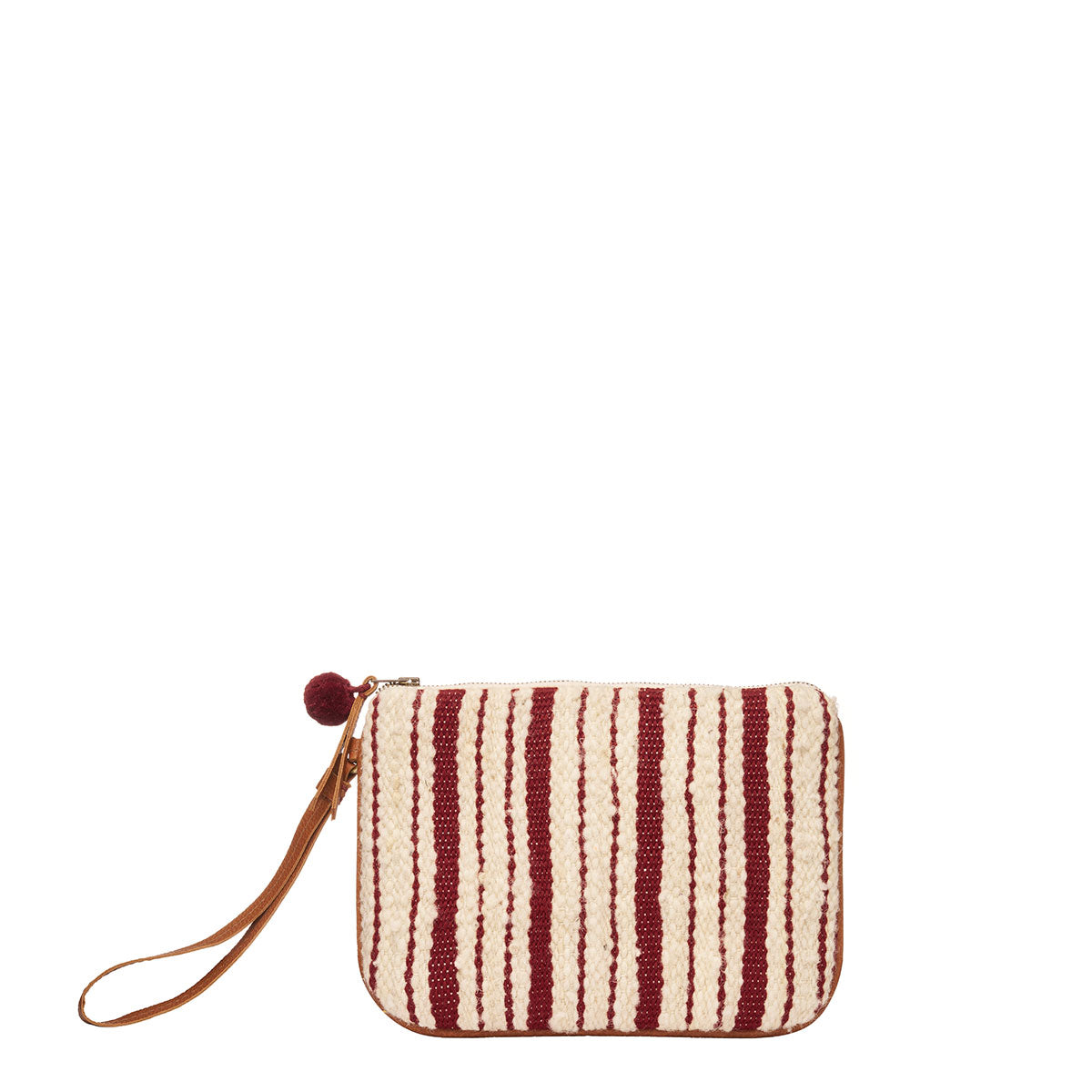 Front of the hand woven artisan Mini Lily Wristlet in Cherry Red. The front has vertical thin stripes in dark red and beige colors. It has a dark red pompom, a leather wrist strap, and a leather zipper pull.