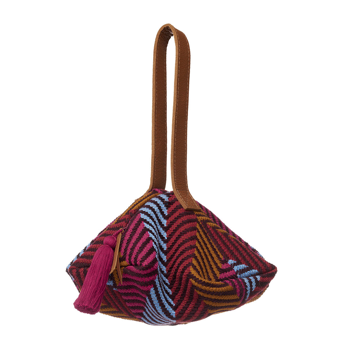 Hand woven artisan Dulce Wristlet in Winter Berry pattern. The bag has a bubble pyramid shape. The Winter Berry pattern has red, blue, and ochre yellow vertical stripes. It has a red tassel and a leather handle.