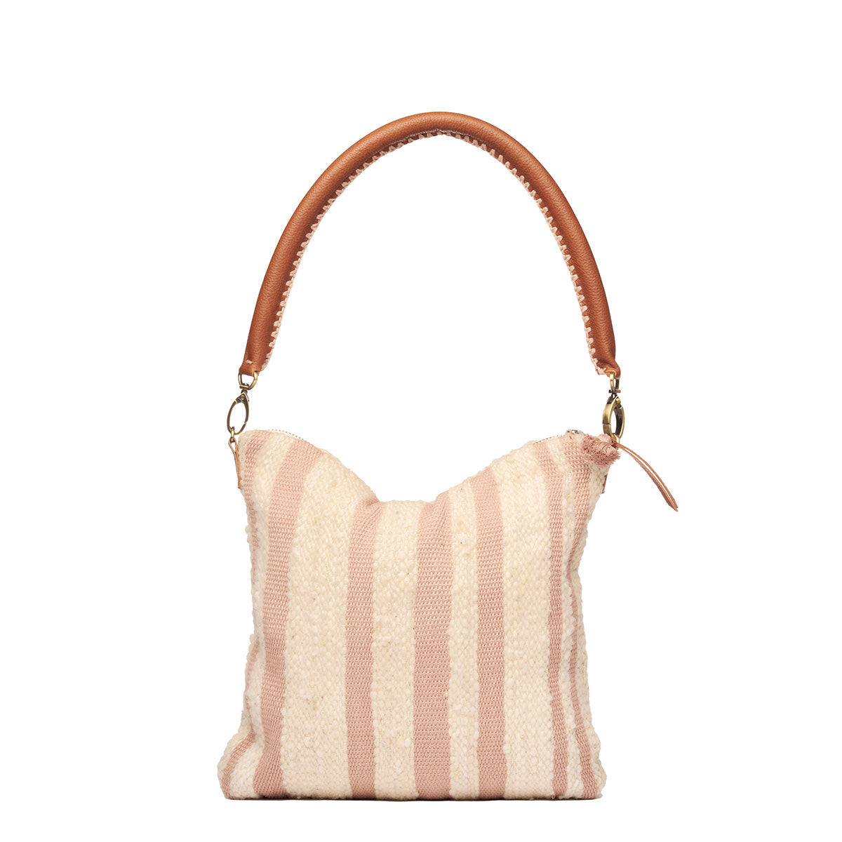 Artisan hand woven Florentina clutch-to-hobo bag in snow pattern. The front of the Florentina is fully unfolded with a leather handle and vertical pale pink and beige stripes.