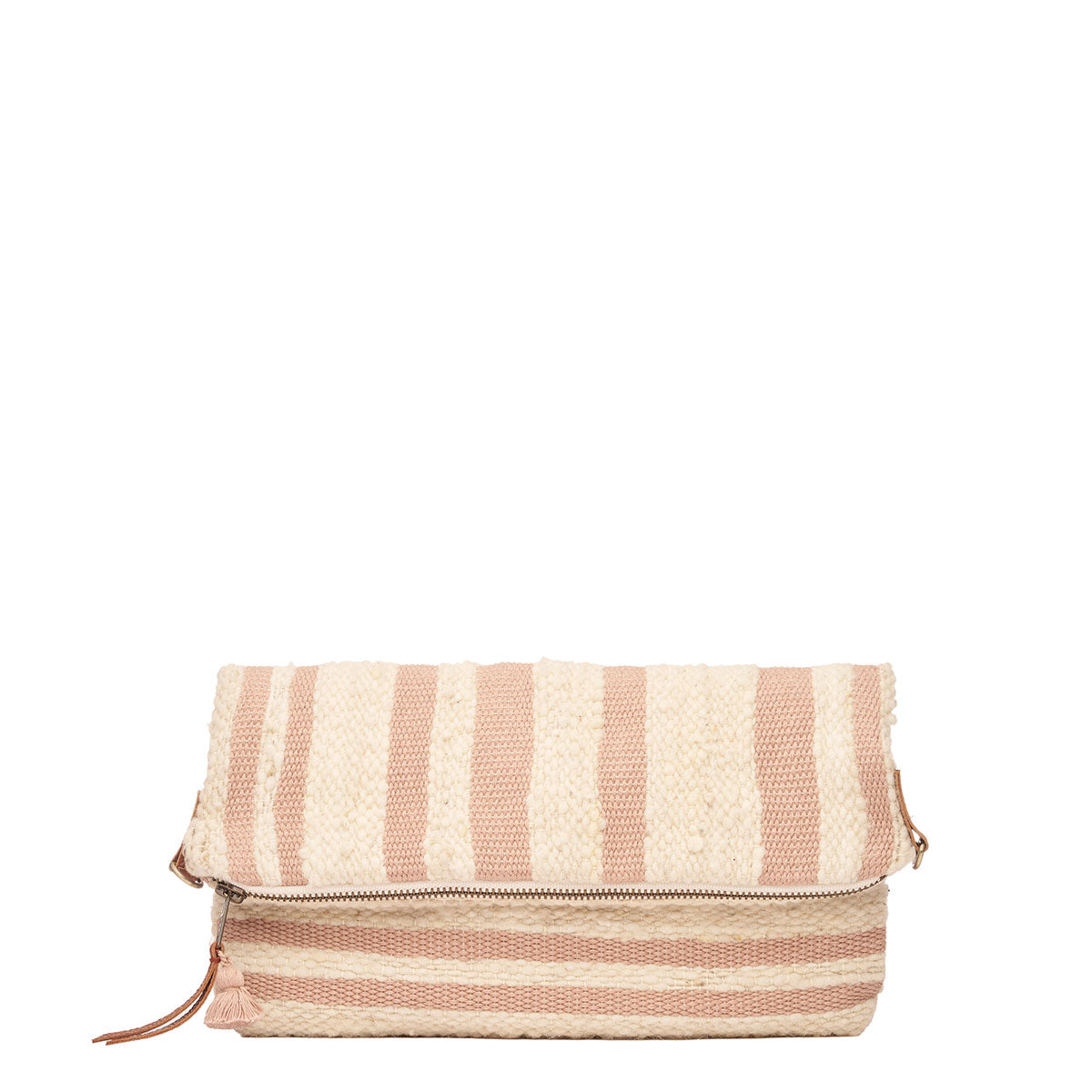 Hand woven artisan Florentina Hobo Bag in Snow pattern. The Florentina is folded over as a clutch shape. It has vertical pale pink and beige stripes. It has a leather zipper pull.