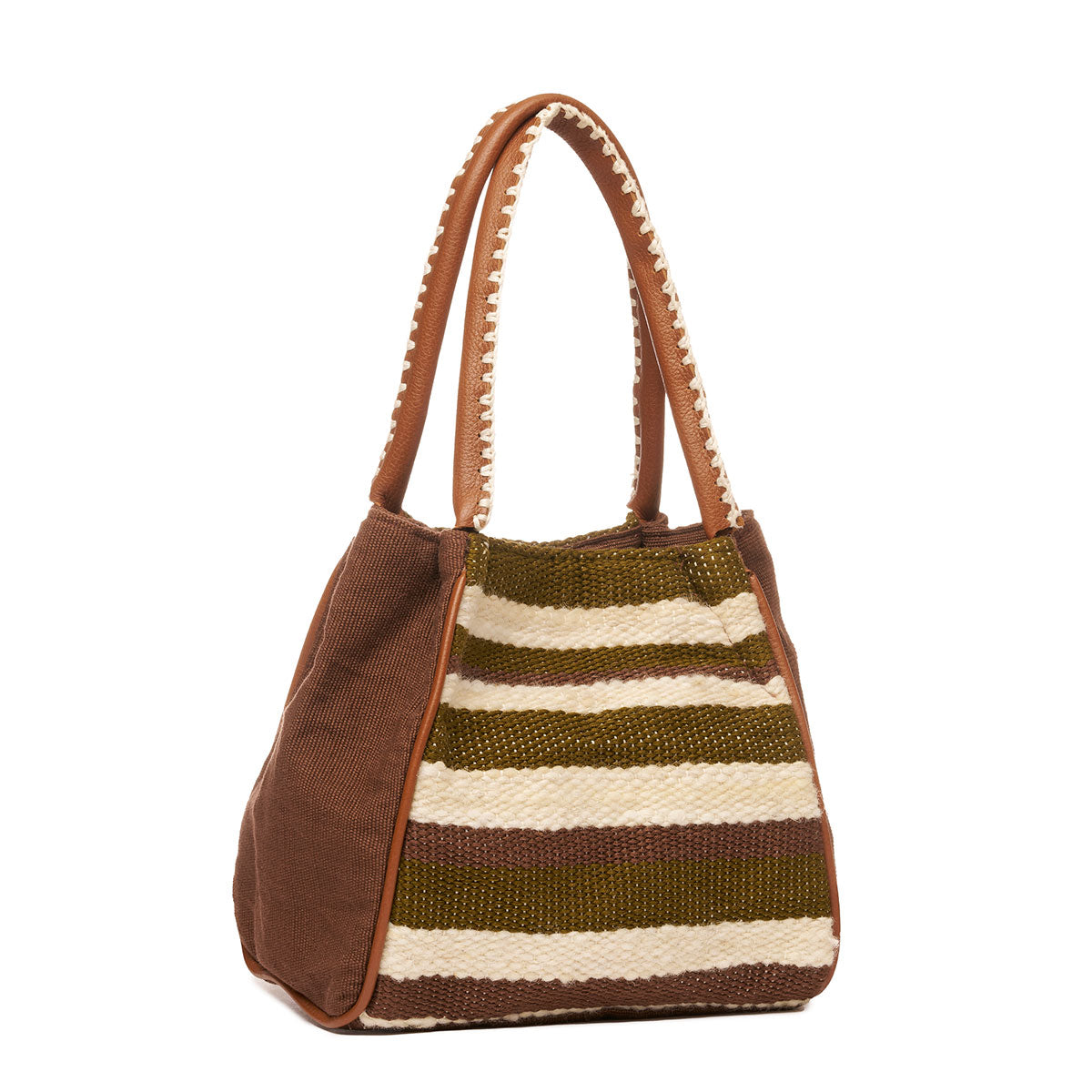 Hand woven artisan Flora Petite Tote in Forest shown at an angle. The Forest pattern has horizontal green and beige stripes. The leather handles have embroidered white detailing.