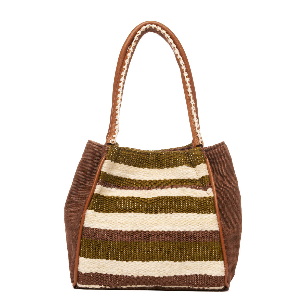 Hand woven artisan Flora Petite Tote in Forest shown at the bag. The Forest pattern has horizontal green and beige stripes. The leather handles have embroidered white detailing.