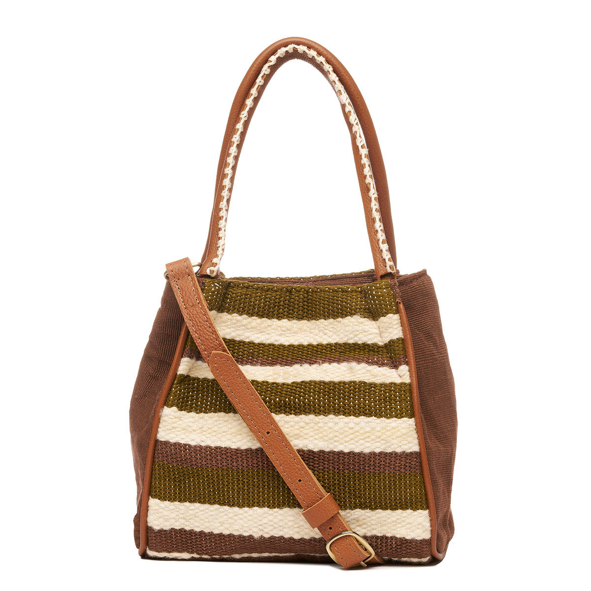 Hand woven artisan Flora Petite Tote in Forest shown at the front. The Forest pattern has horizontal green and beige stripes. The leather handles have embroidered white detailing. It has an adjustable strap hung diagonally.