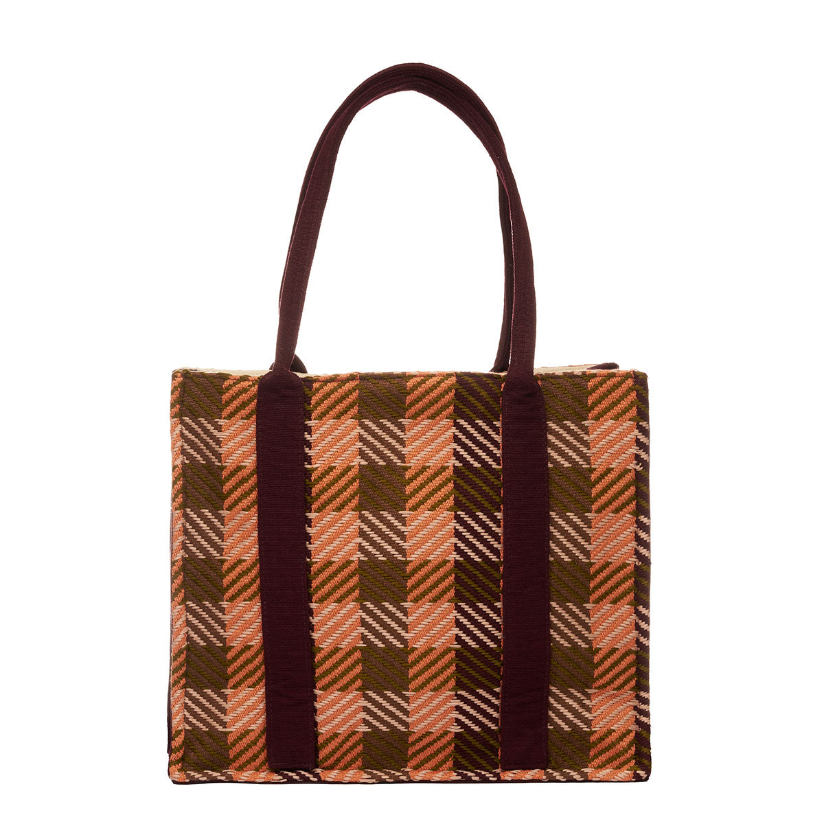 Hand woven artisan Irma Tote in Moss Weave pattern. The back of the bag is shown. The bag has a rectangular shape with an olive green and orange plaid pattern. It has dark brown handles.