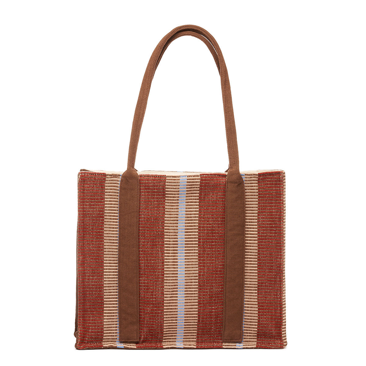 Hand woven artisan Irma Tote in Chestnut pattern. The back is shown with a vertical stripe pattern of burgundy, and tan stripes. It has brown handles.