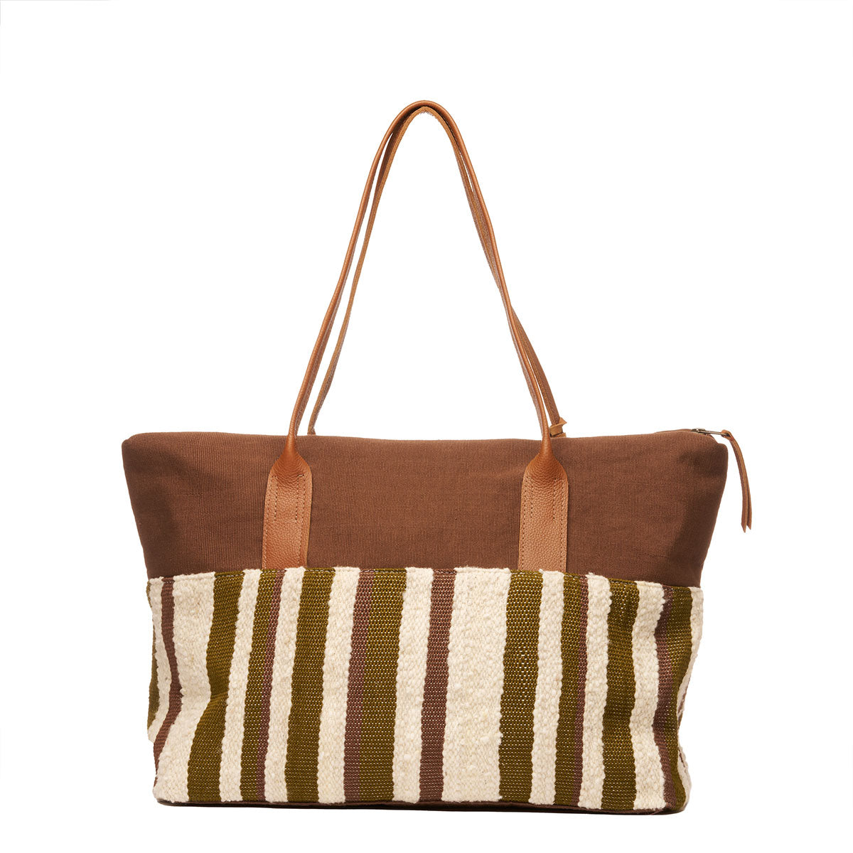 Hand woven artisan Soledad Weekender in Forest pattern. The back of the bag is shown with vertical beige and olive green stripes, brown horizontal fabric, and leather straps. It has a small leather zipper pull on the right.