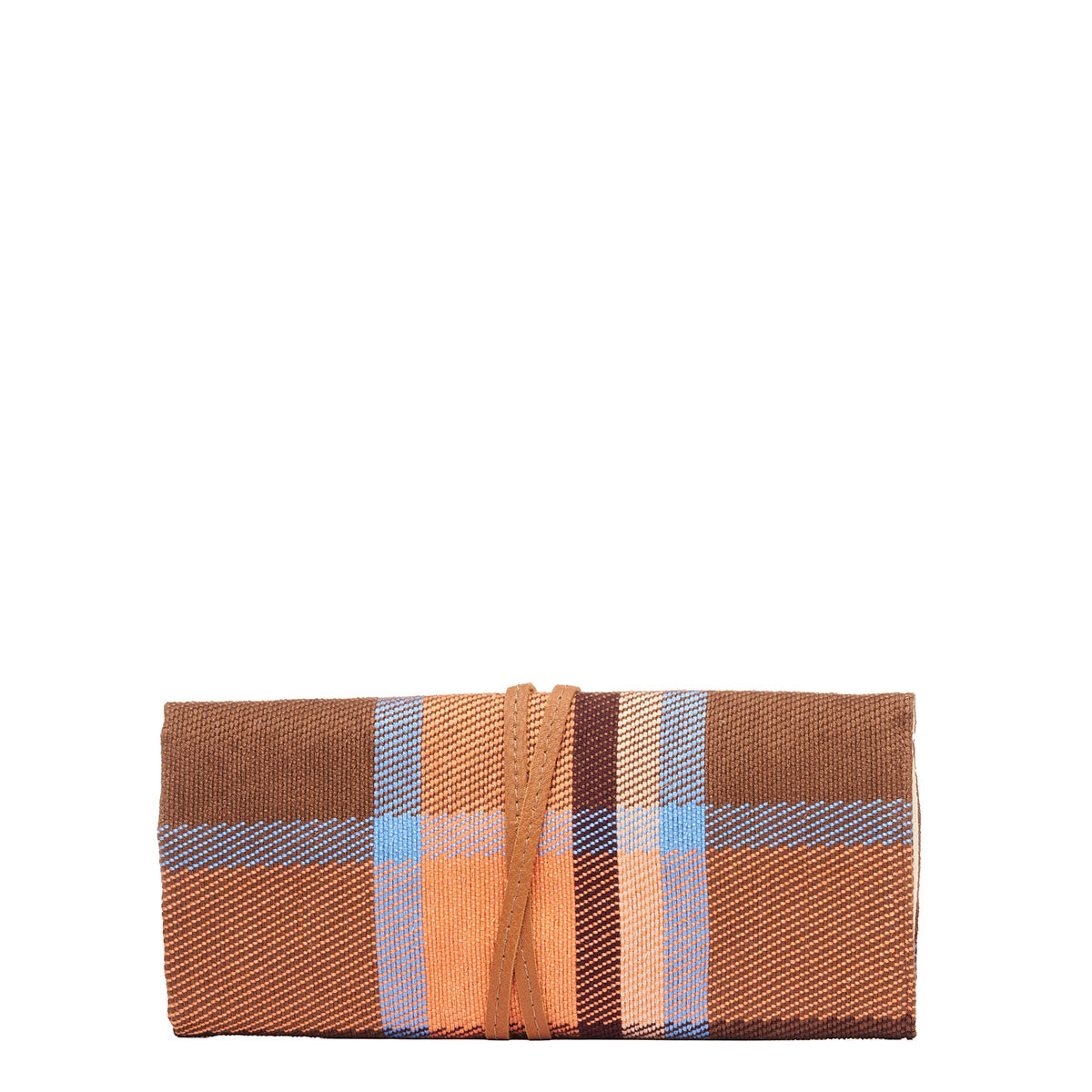 Hand woven artisan Lilia Jewelry Roll in Brickstone pattern. Back of the jewelry roll is shown wrapped in a leather cord. The brickstone pattern is a brown, orange, and blue plaid.