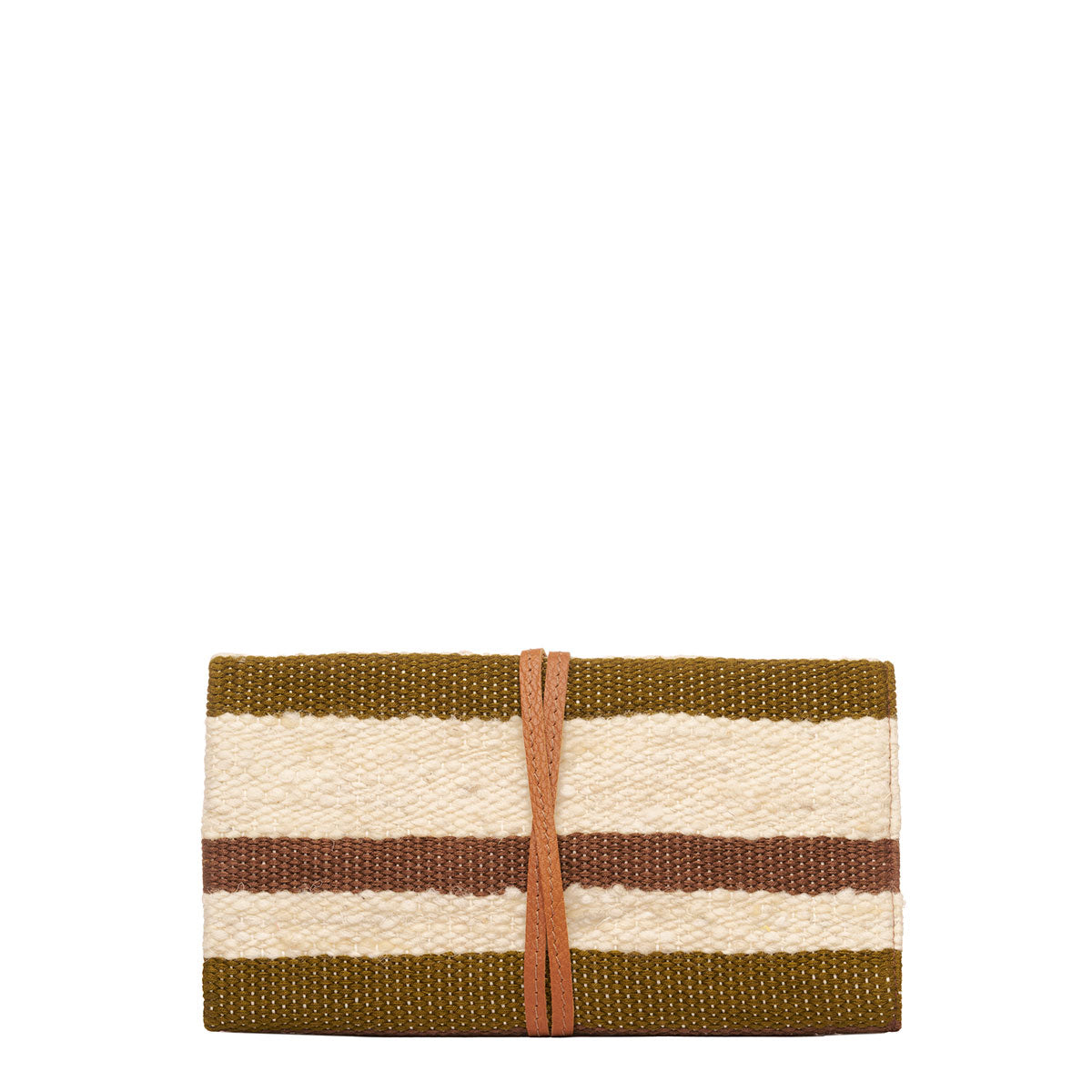 Hand woven artisan Rebeca Tech Case in Forest color. The back of the case is shown. It has stripes in olive green, beige, and brown. It is wrapped in a leather cord.