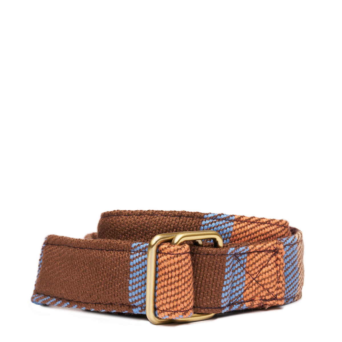 Hand woven artisan Celeste belt in Brickstone color. The belt has brown, blue, and orange stripes with a brass buckle. It is displayed over a white background.