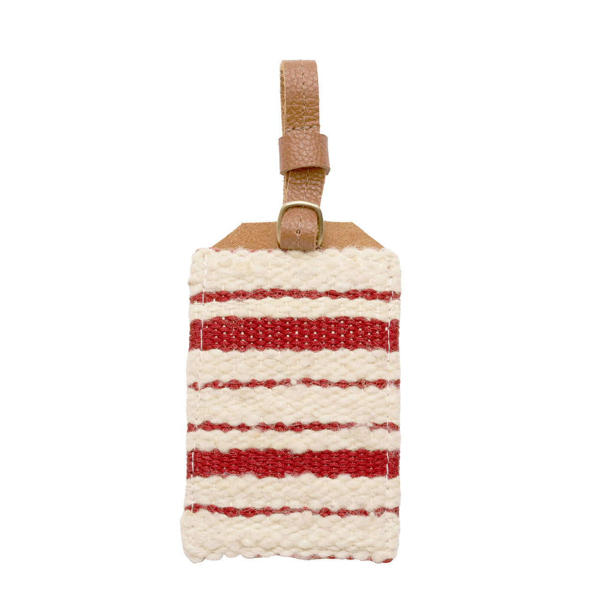 Hand woven artisan Ines Luggage Tag in Cherry Red pattern. The luggage tag is over a white background. It has horizontal stripes in beige and red and a leather buckle loop.