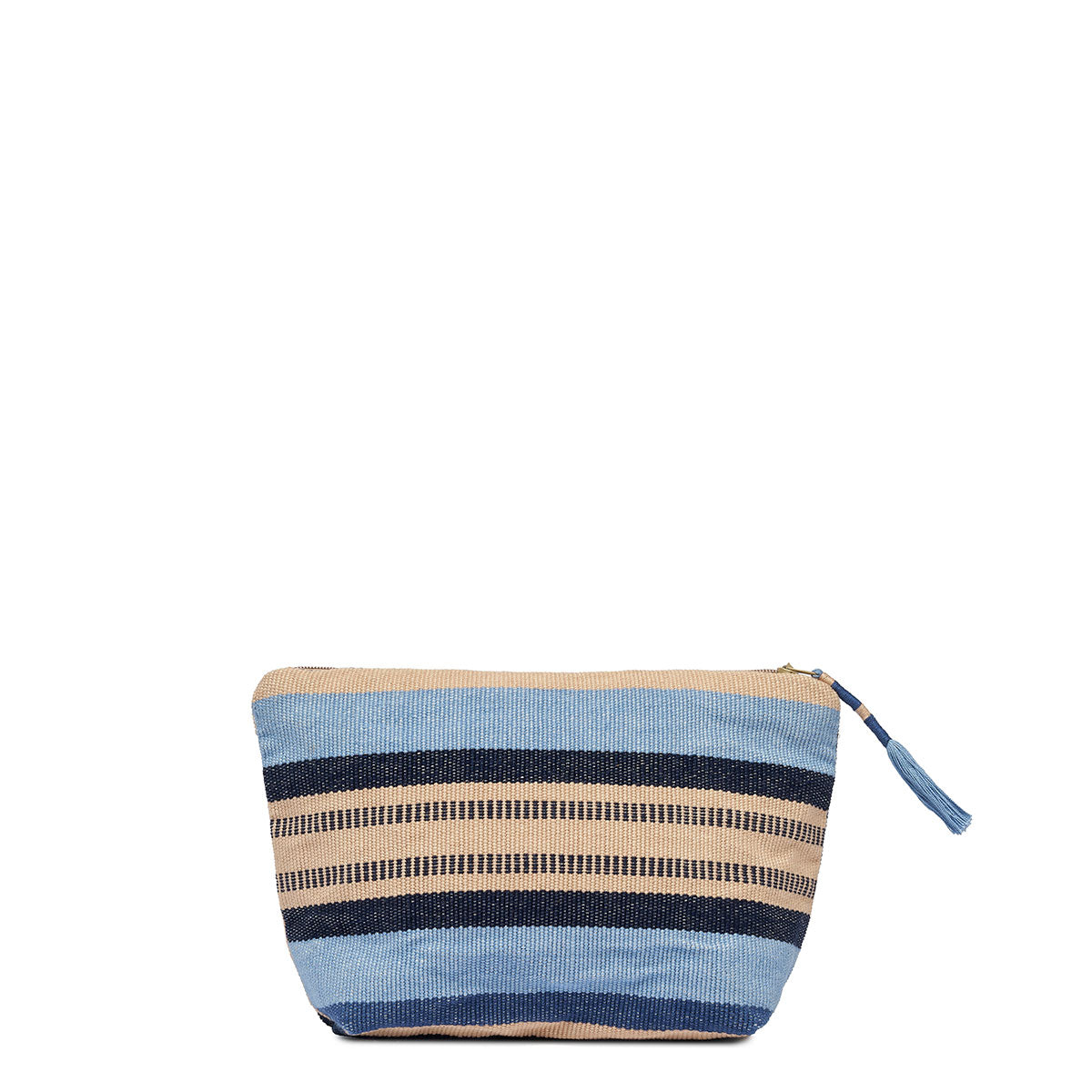 Back view of the Mini Cristina Pouch in Skyscape. The pattern has horizontal navy, beige, and light blue stripes. The zipper has a woven blue tassel.