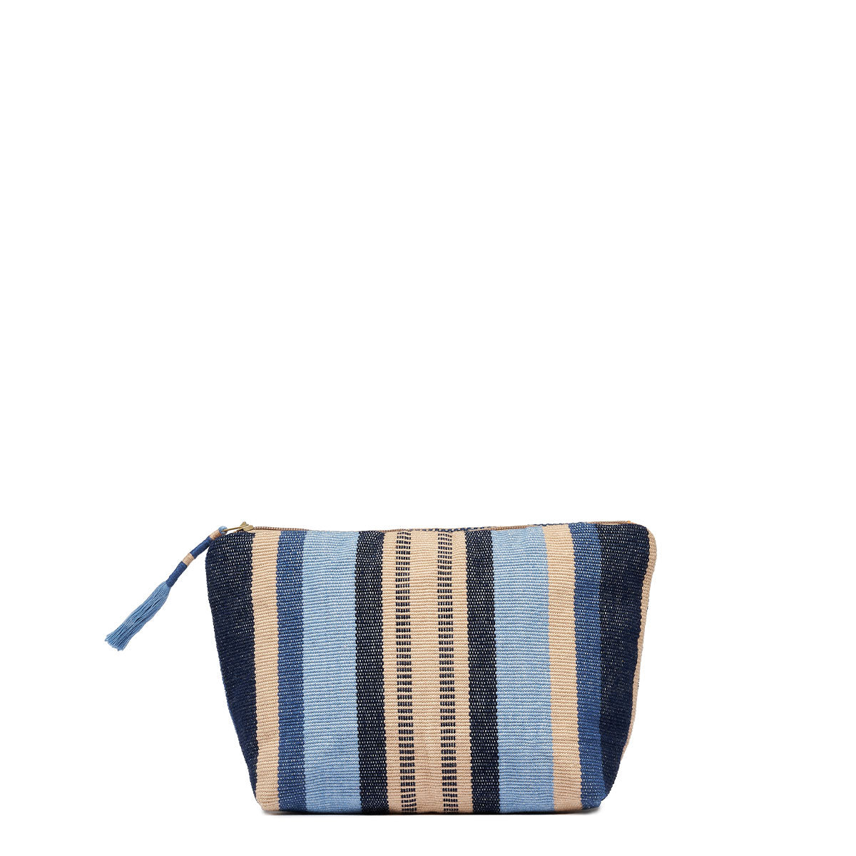 Front view of the Mini Cristina Pouch in Skyscape. The pattern has vertical navy, beige, and light blue stripes. The zipper has a woven blue tassel.