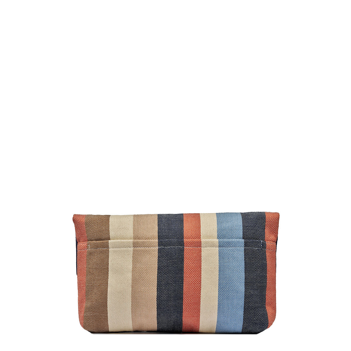 Back view of the Margarita Clutch in Blue Canyon. It has vertical orange, navy blue, light blue, beige, and tan stripes. It has an exterior pocket. 