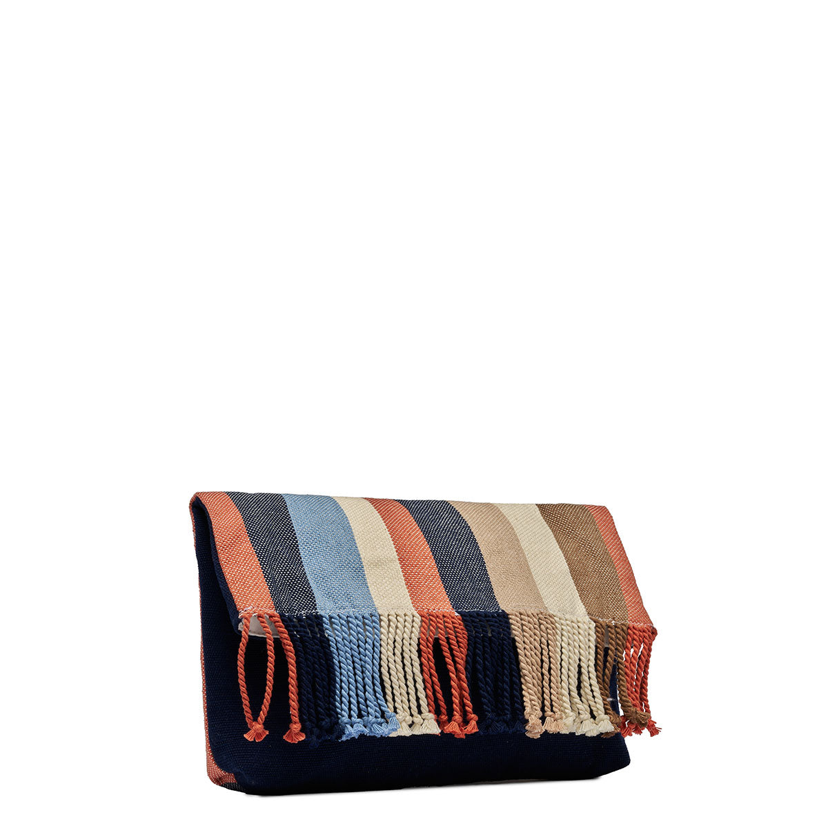 Side view of the Margarita Clutch in Blue Canyon. It has vertical orange, navy blue, light blue, beige, and tan stripes with fringe. It is folded over, revealing the pattern.