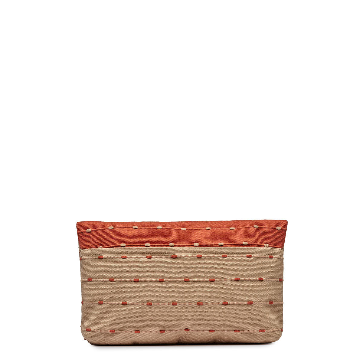 Back view of the Margarita Clutch in Desert Sands. The backside has a reverse pattern, beige horizontal stripes with pink dots. It has an exterior pocket.