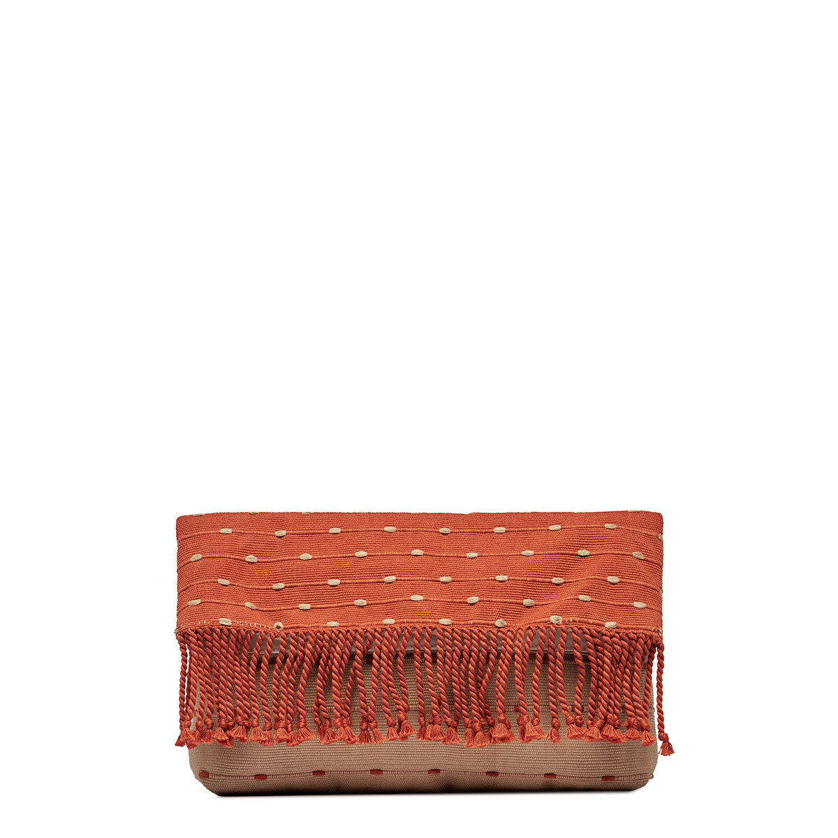 Front view of the Margarita Clutch in Desert Sands. The pattern is coral pink with horizontal beige dots. It has pink fringe. The clutch is folded over.