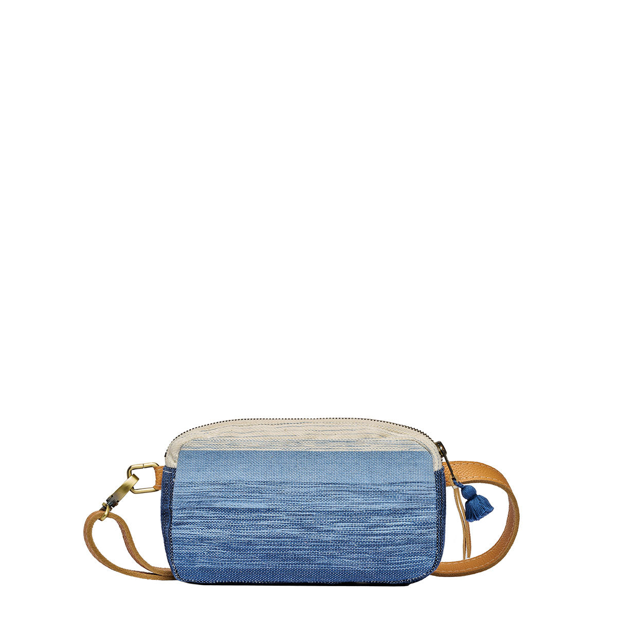 Front view of the Felipa Belt Bag in Ocean Breeze. It has a white to dark blue gradient pattern with dark blue sides. It has an adjustable leather strap with clasp, leather zipper pull, and mini blue tassel.