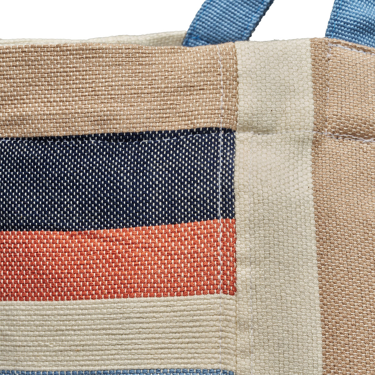 A close up of the Blanca Tote in Blue Canyon. It shows the woven fabric detail.