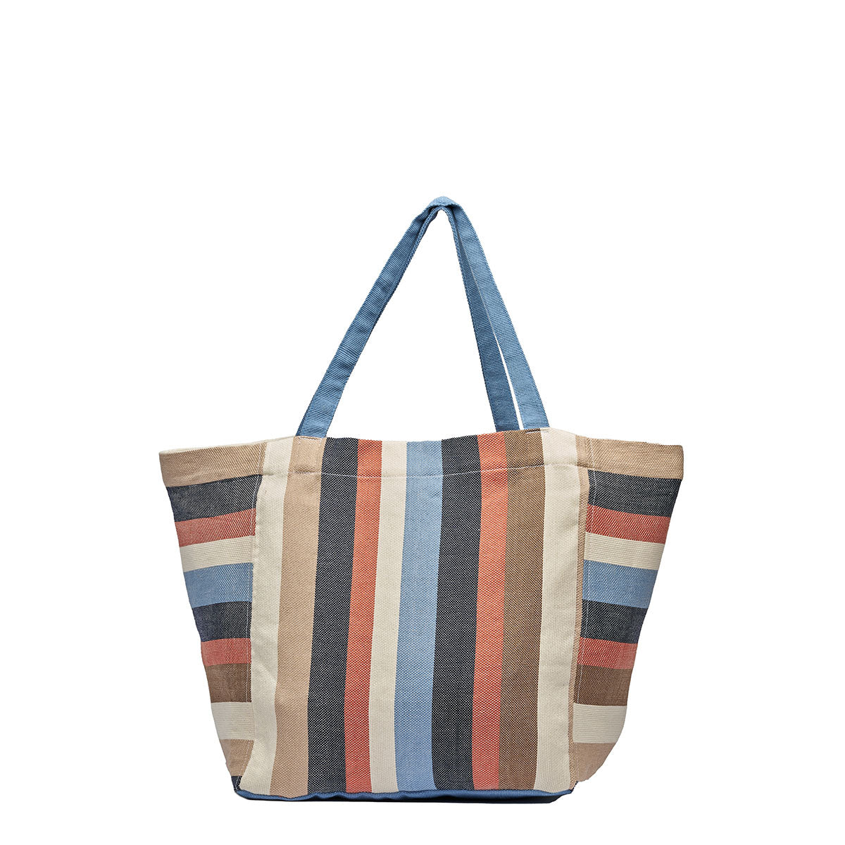 Blanca Tote in Blue Canyon. The tote has a vertical and horizontal pattern with navy, orange, tan, beige, and light blue stripes. It has light blue handles.