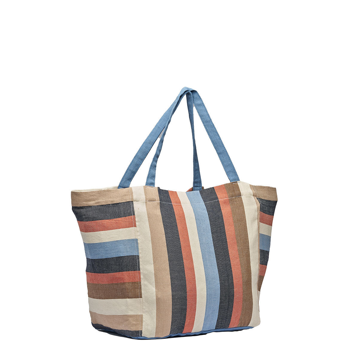 A side angle view of the Blanca Tote in Blue Canyon. The tote has a vertical and horizontal pattern with navy, orange, tan, beige, and light blue stripes. It has light blue handles.