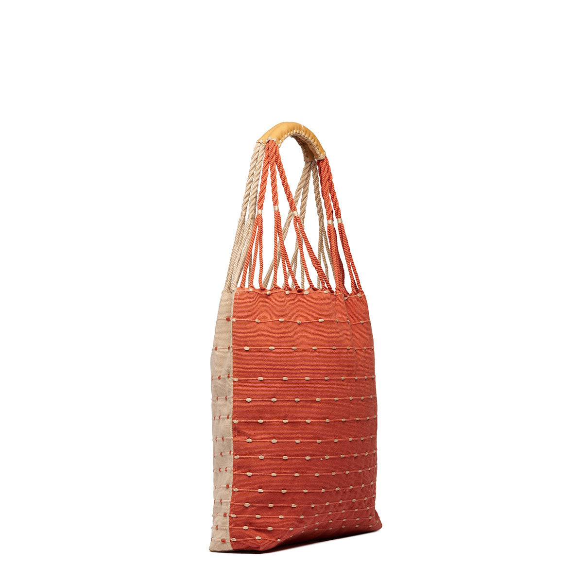 Side angle view of the Apolonia Tote in Desert Sands.