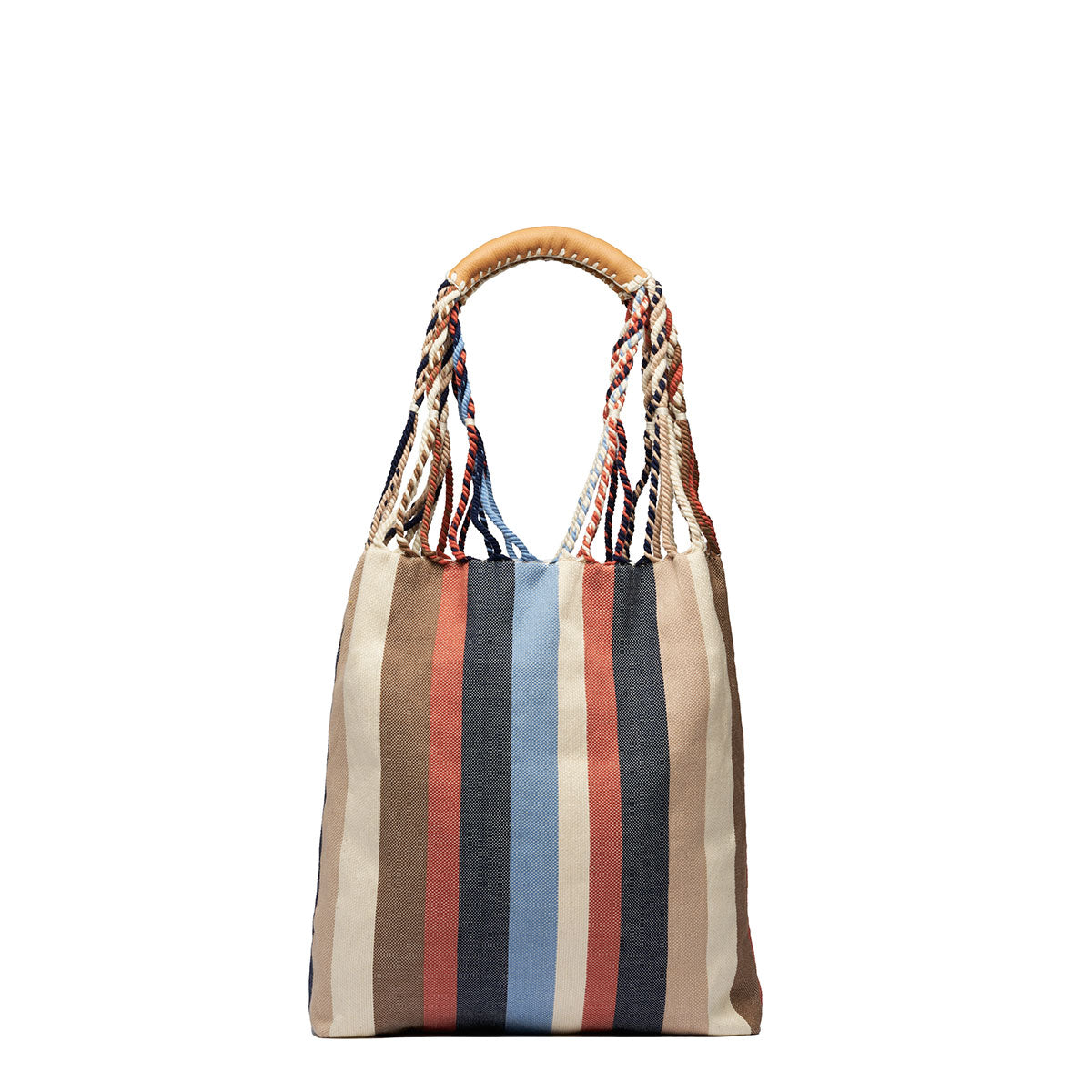 Front view of the Apolonia Tote in Blue Canyon. It has vertical stripes in beige, tan, orange, navy, and light blue stripes. It has multicolored thread wrapped cord handles.