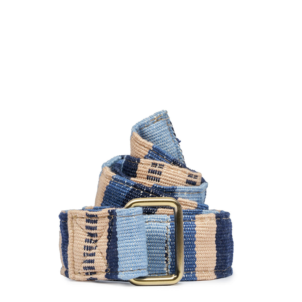 A folded view of the Celeste Belt in Skyscape. The pattern has blue, beige, and navy stripes. It has a slim brass buckle.