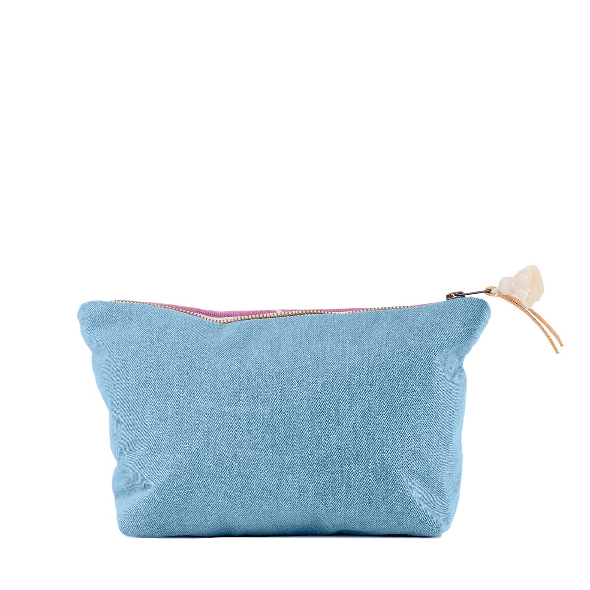 The back of the hand woven artisan Cristina Cosmetic Pouch in Cosmic Waves pattern. The back side has a solid sky blue color. It has a mini white tassel and a leather zipper pull.