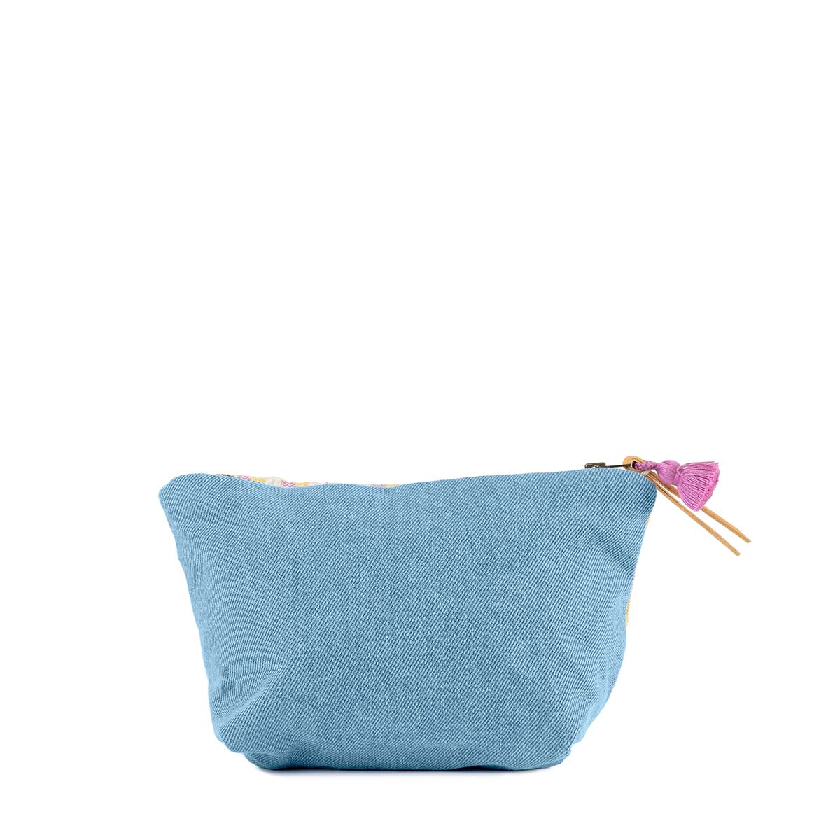 Back of the artisan hand woven Mini Cristina Cosmetic Pouch in Cream Soda. The back has a sky blue solid color. It has a mini pink tassel.