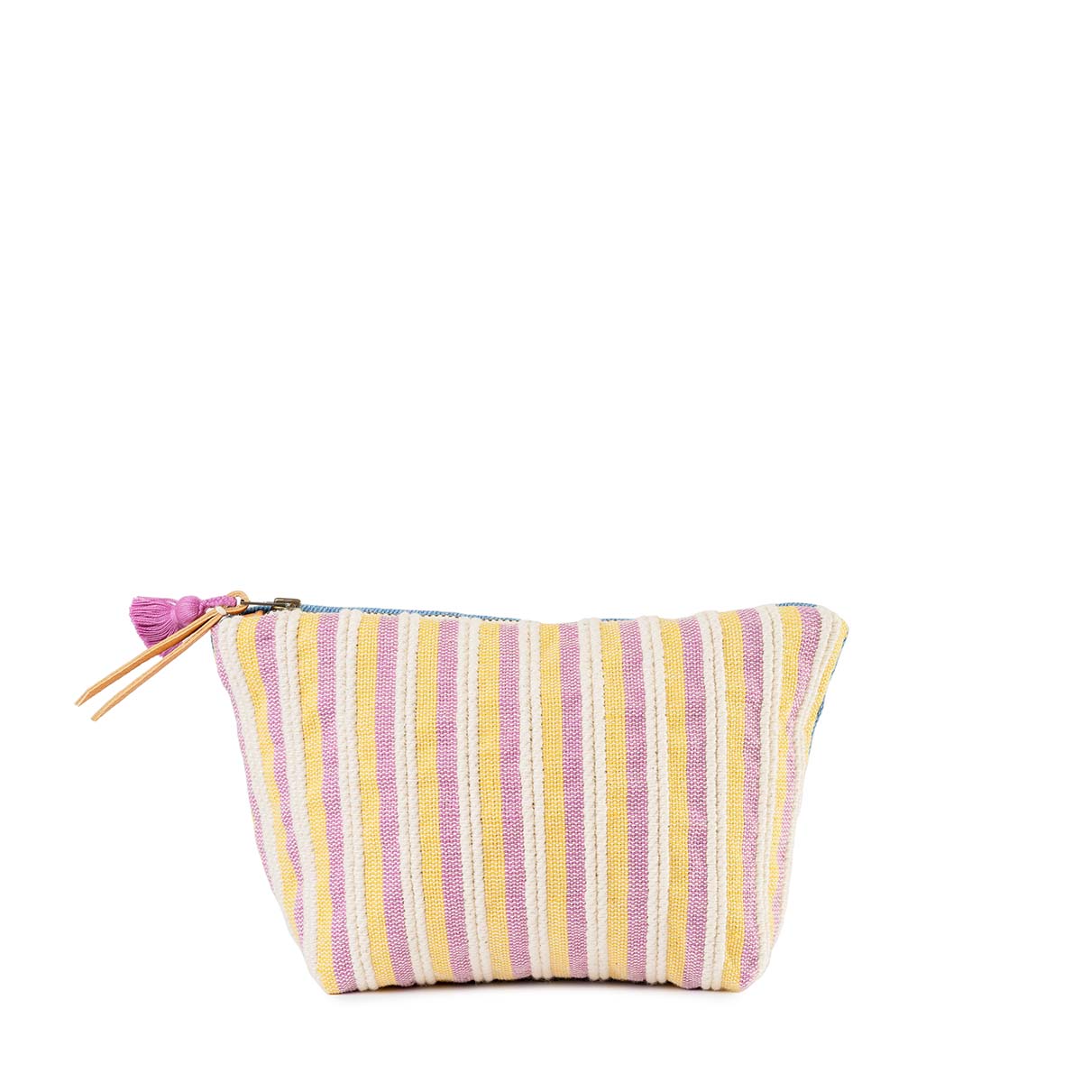 Front of the hand woven artisan Mini Cristina Cosmetic Pouch in Cream Soda. It has a sky blue, dark blue, pink, and orange vertical striped pattern. It has a leather zipper pull and a magenta mini tassel.