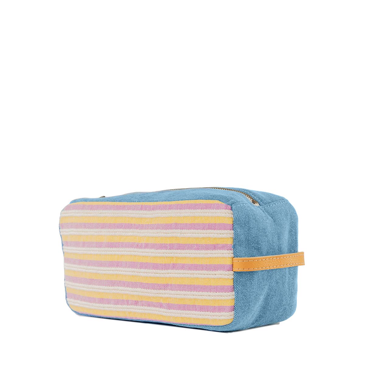 Right-sided angle of the hand woven artisan Edna Dopp Kitt in Cream Soda.  The pattern has thin horizontal stripes of pastel yellow, beige, and pink. It is lined in a sky blue fabric with a leather handle.