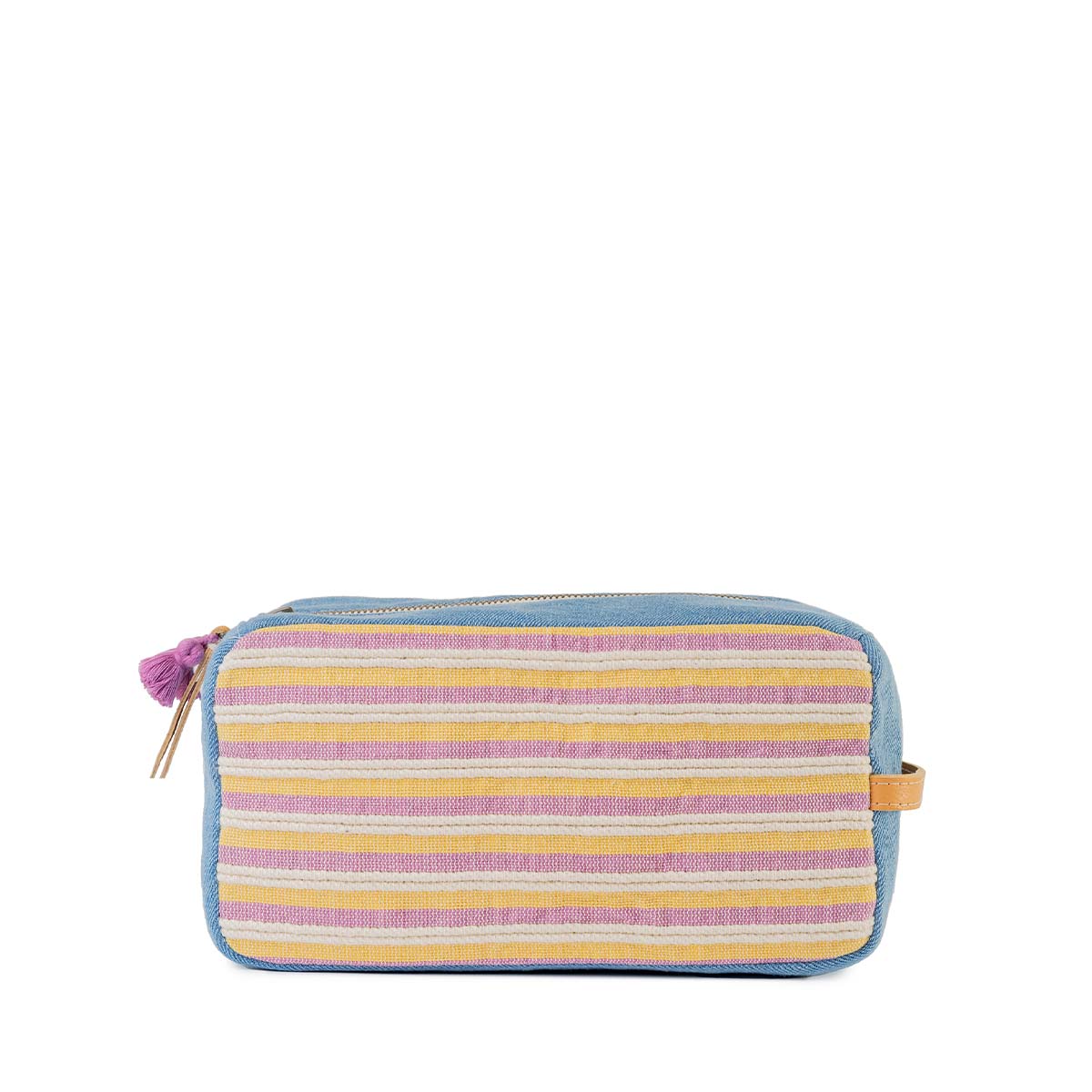 Front of the hand woven artisan Edna Dopp Kit in Cream Soda. he pattern has thin horizontal stripes of pastel yellow, beige, and pink. The sides have blue lining, a leather handle, and a mini pink tassel.