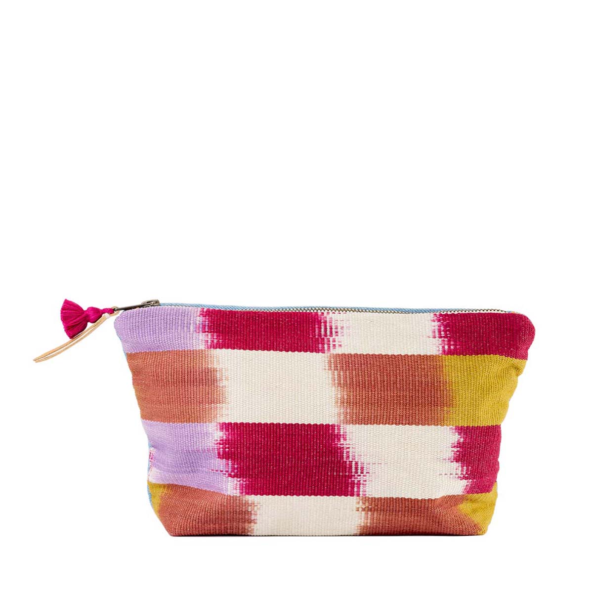 The front of the hand woven artisan Cristina Cosmetic Pouch in Raspberry Paleta pattern. It has a flame stitch red, purple, yellow ochre, and white pattern. It has a red mini tassel and a leather zipper pull. 