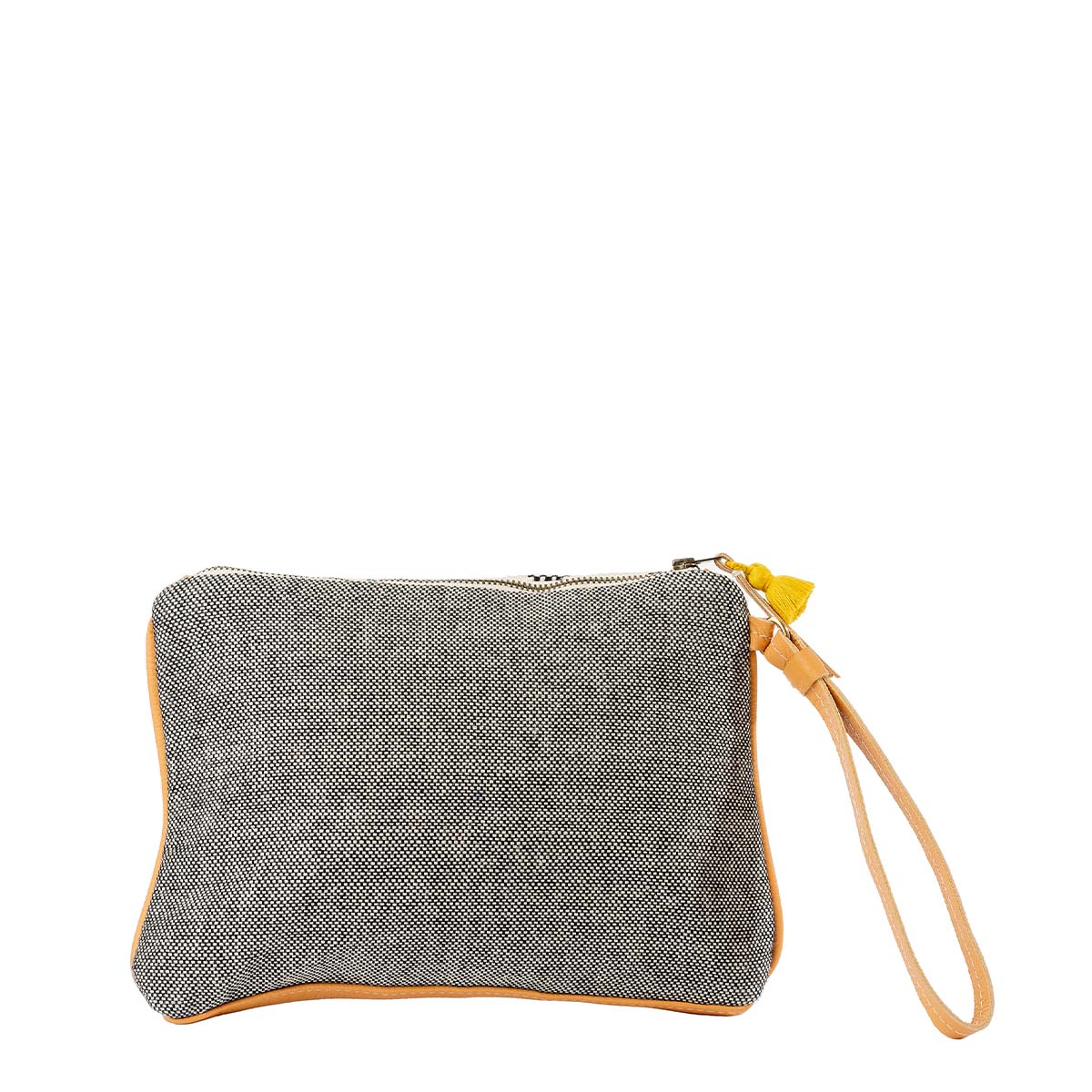 Back of the hand woven artisan Mini Carolina Clutch in Tourmaline pattern. The back has a woven solid grey color. It has a leather wrist strap and a mini yellow tassel.