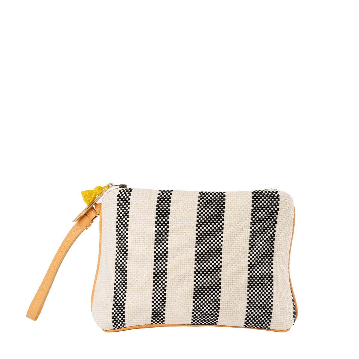 Front of the hand woven artisan Mini Carolina Clutch in Tourmaline pattern. It has vertical black and white stripes with leather lining. It has a leather wrist strap and a mini tassel. 